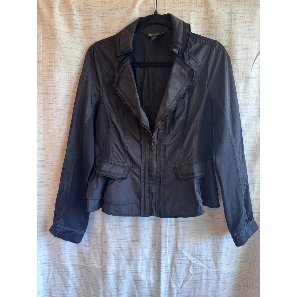 White House Black Market Black Ruffle Peplum Zip Up Jacket Utility Blazer Size 8